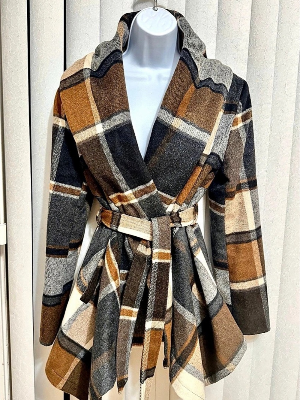 CHICWISH Plaid Wool Blend Wrap Coat Size Small- Like New